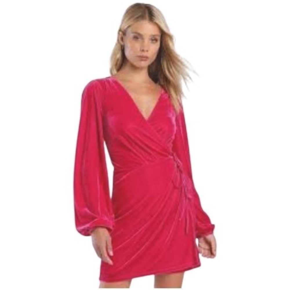 Lulus Hot Pink Velvet Wrap Mini Dress XS NWT‎ Holiday Party Romantic Glam